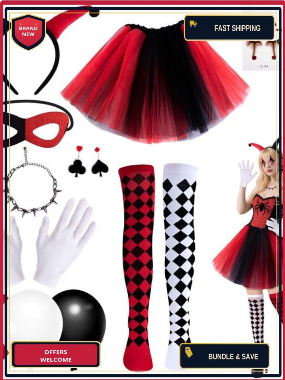 13 Pc Halloween Clown Costume Set Gauze Skirt Mask Gloves Cosplay Party